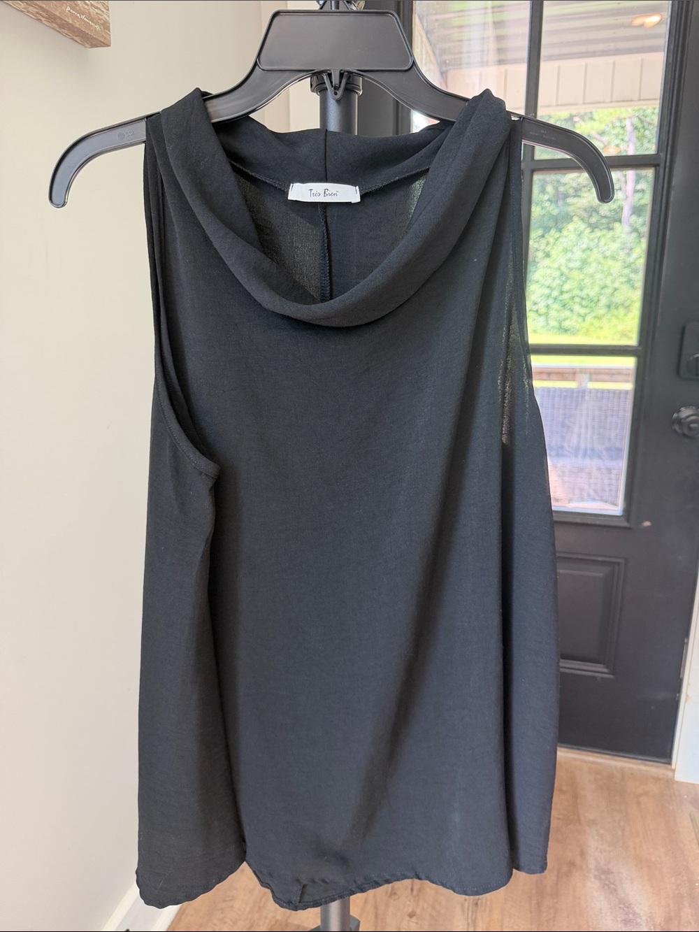 Tres Bien Black Draped Neck Sleeveless Blouse